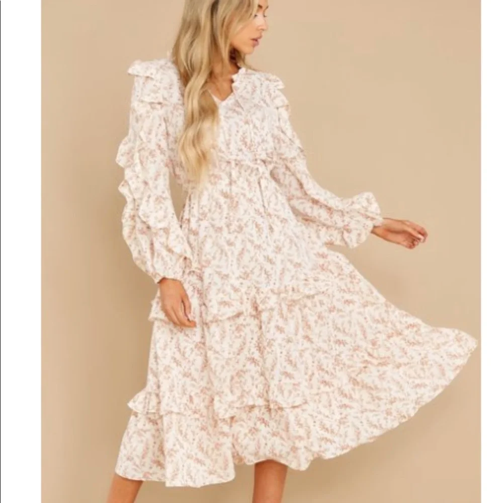 Shop Red Dress Aura Floral Ruffle Midi Dress - Picture 1 of 13
